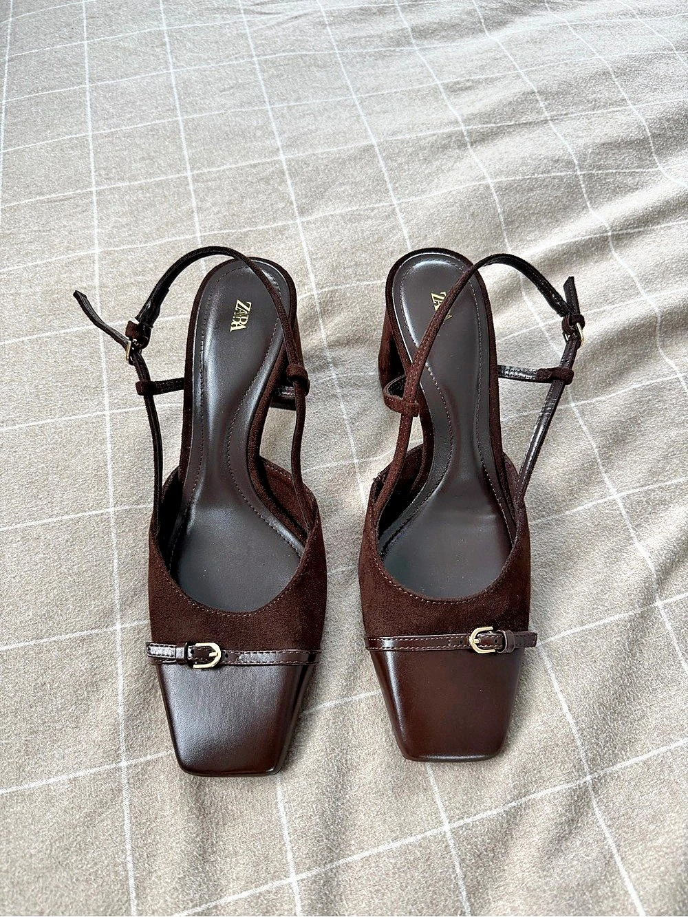ZARA Square Toe Block Heel Slingback Pumps in Brown Like New